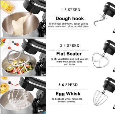 Кухонна машина Howork Knetmaschine: потужна 1500W, 8L, нахильна чаша, 6 швидкостей, міксер, гак для тіста, сплітштор, чорний