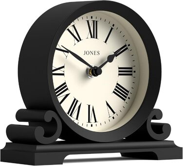JONES CLOCKS® Saloon Table Clock | Traditional Double-Scroll Design | Black | Roman Numerals | Classic Style for Desk, Table, Shelf, or Nightstand.