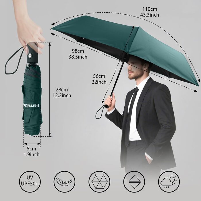 Зонт Herreicher компактний туристичний автоматичний, зелений - легкий, ультракомпактний, захист від УФ-випромінювання, UPF50+