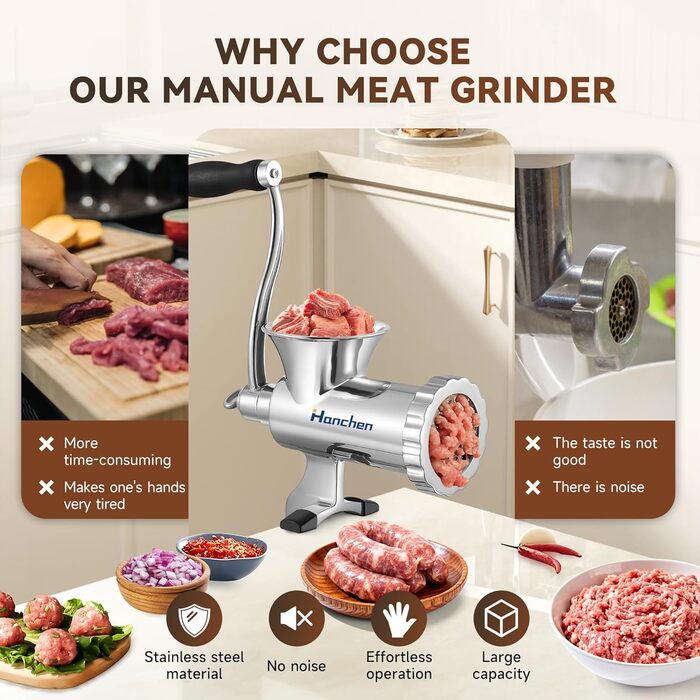 М'ясорубка ручна Hanchen з нержавіючої сталі з присоскою, насадка для ковбас, 2 диски, подрібнювач овочів - професійна