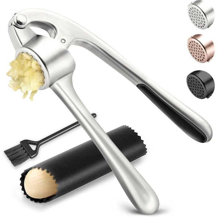 Прес для часнику з нержавіючої сталі, високоякісний, стійкий до іржі та придатний для миття в посудомийній машині, довговічний набір для подрібнення часнику з очищувачем та щіткою, матовий