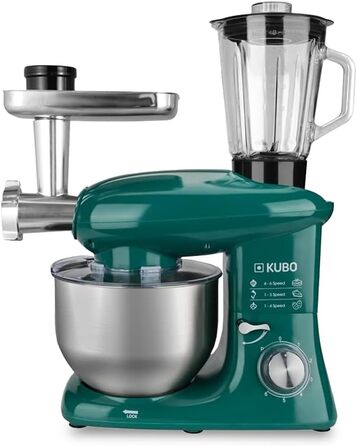 Kubo Food Processor - 7 Accessories: Mixing Bowl, Meat Grinder, Large Bowl, Protective Lid, Whisk, Mixer, and Dough Hook - Color: Green - Capacity: 6 Liters