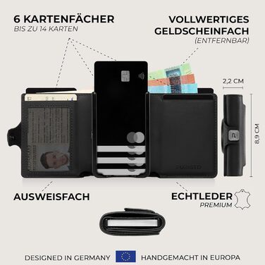 Чоловічий шкіряний гаманець PURISTO KLIK Classic Slim з відділенням для монет та RFID-захистом - компактний картхолдер для 10-14 карток (Чорний, AirTag XL)