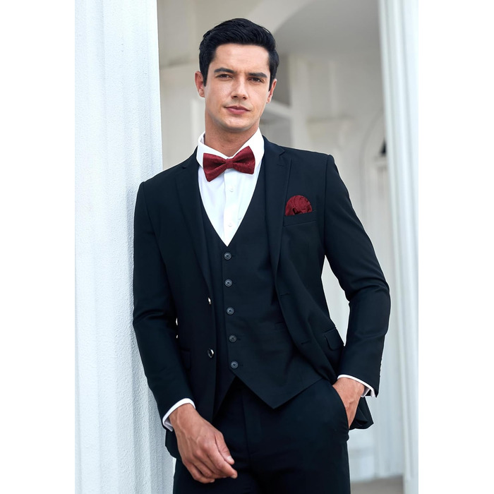 HISDERN Комплект краватка-метелик з кишеньковим хустиком та запонками, з гачком, регульована, вже зав'язана, для весілля, свят, Різдва, Хелловіна, бордовий A1