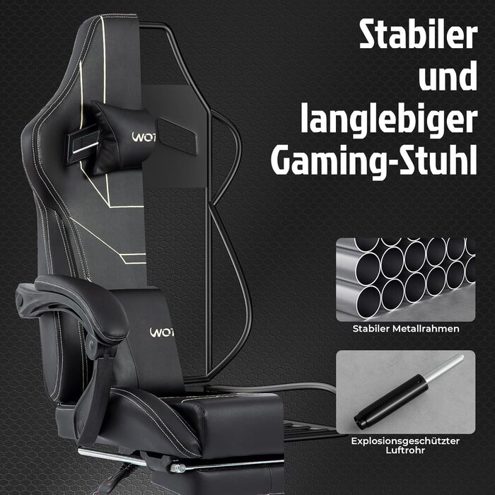 Геймерське крісло Ergon Gaming з підставкою для ніг, чорне - Офісне крісло для комп'ютера з регулюванням висоти та підтримкою попереку