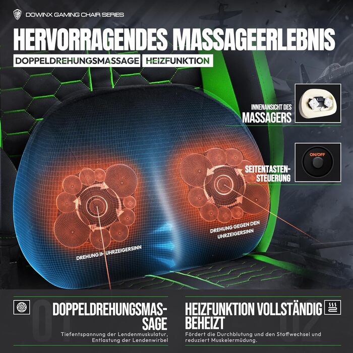 Ігровий крісло Dowinx з підігрівом, масажем, подушкою для попереку, підставкою для ніг та кишеньковою подушкою. Зелений крісло для геймерів, PC крісло для дорослих
