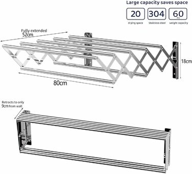 Висувна стійка для сушіння білизни на стіну, 80 см, нержавіюча сталь, для балкону, економія місця