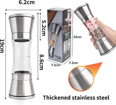 Мельниця для солі та перцю 2-в-1 Cyiecw, ручна, з регульованою керамічною млиночкою, з можливістю поповнення, нержавіюча сталь, срібна