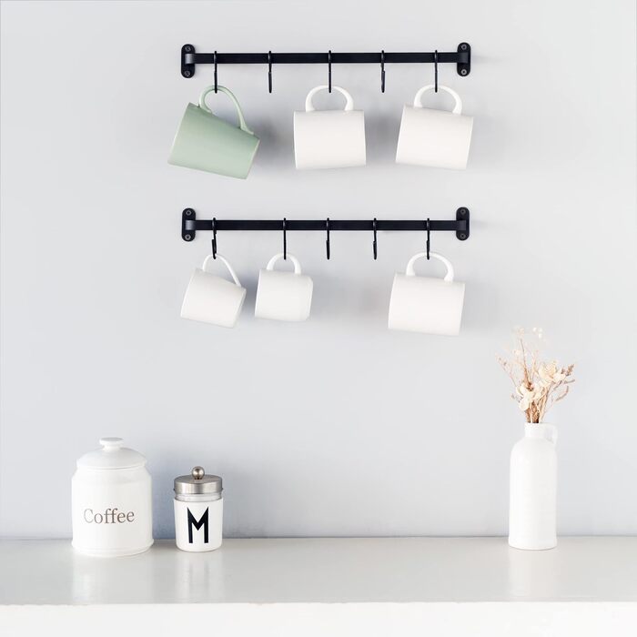 Dahey Mug Holders, Wall Mounts, Metal Coffee Cup Hangers with 10 Cup Hooks, Cup Display Shelf, Rustic Utensil Cup, Storage Organizer for Kitchen, Dining Room, 2-Piece Set, Black