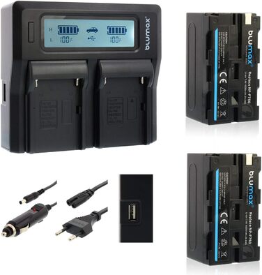 Акумулятор Blumax 2X 4000mAh сумісний з Sony NP-F750 + подвійний зарядний пристрій | сумісність з NP-F570, NP-F550, NP-F970 | для освітлення, відеозйомки, моніторів