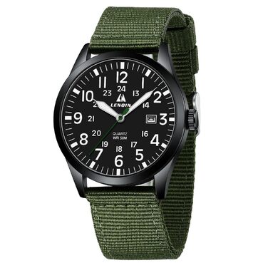 Годинник чоловічий LN LENQIN аналоговий кварцовий на текстильному ремінці, водостійкий 30M, з датою (зелений, чорний)