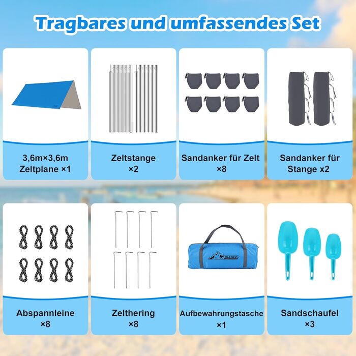 Намет WADEO для кемпінгу, водонепроникний, 4x3 м, з тентром та аксесуарами, ультралегкий, для відпочинку на природі - Хакі (3,6м x 3,6м, Синій)