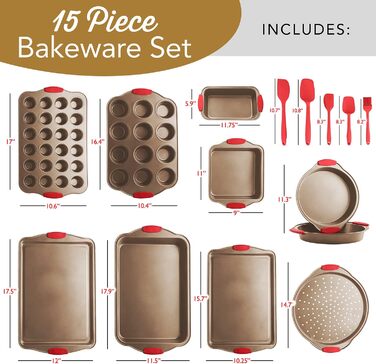 Набір для випічки EATEX з 15 предметів з вуглецевої сталі з антипригарним покриттям, коричневий. Форми для печива, кексів, хліба та багато іншого. Силіконові ручки.