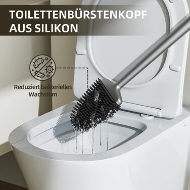 Щітка для унітазу ASOBEAGE з силікону: гнучкий наконечник, ручка з нержавіючої сталі, настінний кріплення, швидковисихаючий тримач для прибирання ванної кімнати (Чорний) (Сірий, 1 шт.)