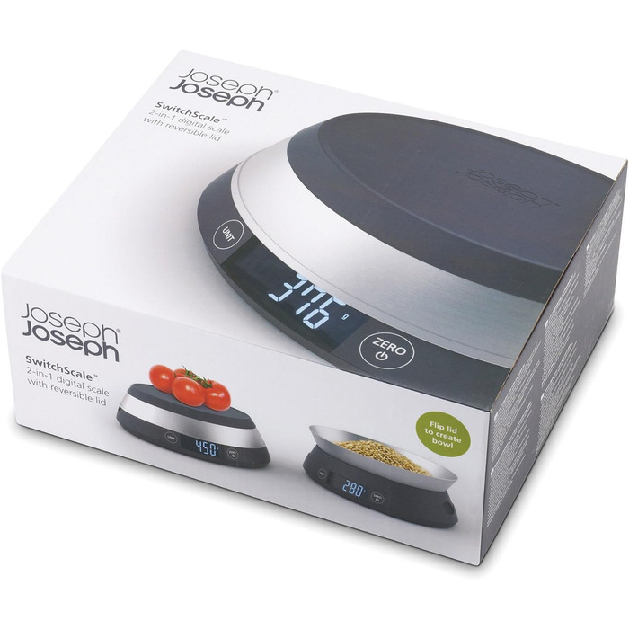 Joseph Joseph SwitchScale 2-in-1 Kitchen Scale - Digital, 5kg Capacity, Metric & Imperial LCD Display, Battery Powered - Gray