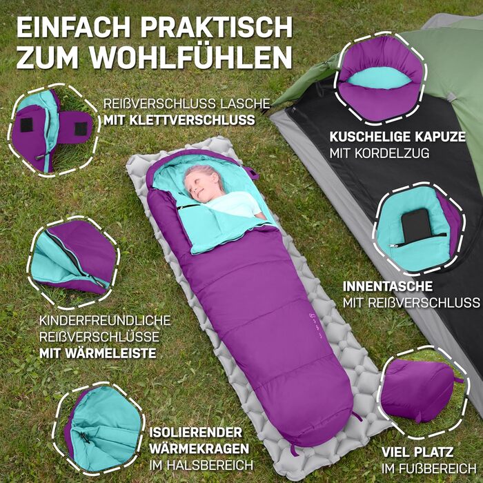 Дитячий спальний мішок для хлопчиків та дівчаток до 145 см | 100% бавовна | Мумійний спальник для кемпінгу | Легкий та теплий [1200г] | Кольори: фіолетовий/бірюзовий