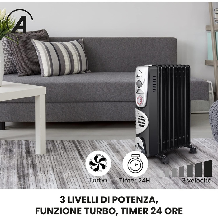 Електричний масляний радіатор Ardes AR4R09BTTE 9TT з таймером, 3 режими, турбовентиляція, на колесах, 2500 Вт, чорний та срібний