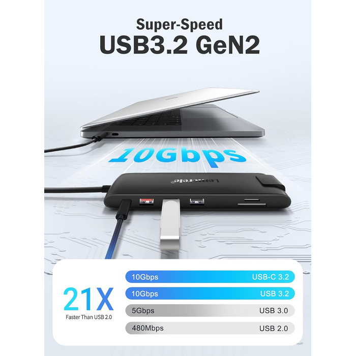 Док-станція Lemorele 13-в-1: USB-C/A, 10Gbps, 3 монітори, 2 HDMI 4K, Ethernet, 4 USB 3.2/2.0, VGA, Type-C 3.1, PD 100W, Audio, SD/TF, для Windows, MacBook