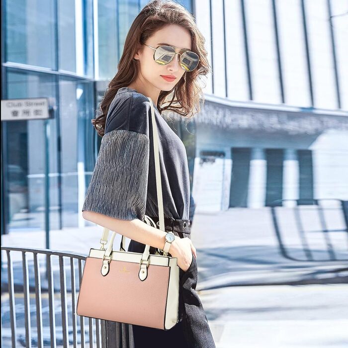 Сумка жіноча KURGOOL двоколірна шкіряна, трендова сумка-тоут, дизайнерська сумка на плече з ручками (Рожево-біла)