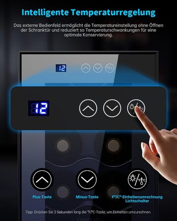WIE 33 Liter Wine Fridge - 1 Zone, 12 Bottle Capacity, Mini Wine Cooler with Glass Door & LED Touch Panel, Anti-UV