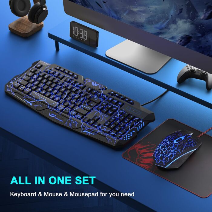 Ігровий набір клавіатури та миші: 114 клавіші QWERTZ DE, LED підсвічування, ергономічна миша з 4 кольорами, великий килимок, USB для PC/PS5/Xbox