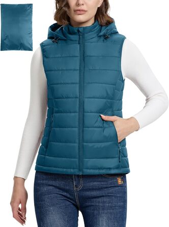 Стьобана жилетка Outdoor Ventures для жінок з капюшоном, гібридна спортивна жилетка для туризму та велоспорту, тепла жилетка з коміром-стійкою, колір Керамічно-блакитний, розмір S