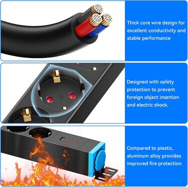Мережевий фільтр із захистом від перенапруги, 10 розеток, поворотний на 360°, для стін, 1.8м, 16A/4000W, для офісу та дому, чорний