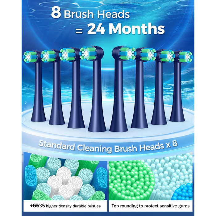Електрична зубна щітка Rotierende для дорослих з 8 насадками, 4 режими чищення, 60 днів роботи, Smart-таймер 2 хв - професійна електрична зубна щітка (синя)