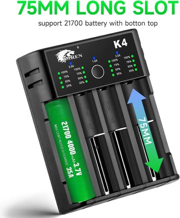 Зарядний пристрій IMREN 18650 з 4 слотами, 2A, USB-C для Li-Ion акумуляторів 18350, 14500, 14650, 17500, 18700, 20700, 21700, 22650, 26650, 1.2V NI-MH/NI-Cd AA AAA C