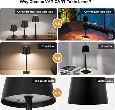 Світлодіодна настільна лампа бездротова з сенсорним керуванням, USB-C, димування, акумуляторна, 3 режими температури, регульована висота, IP54 водонепроникна для ресторану, спальні, бару, вулиці - Чорна