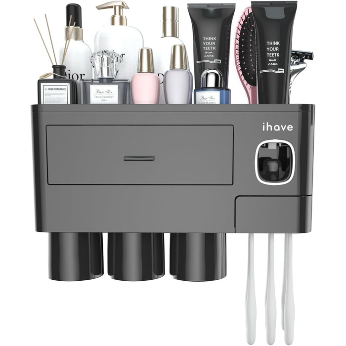 IHave Toothbrush Holder for Bathroom Storage, 3 Cup Toothbrush Holder Wall Mounted with Automatic Toothpaste Dispenser, Large Capacity Toothbrush Holder Bathroom Accessories Black