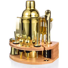 Набір шейкер для коктейлів Esmula 750 мл, 12 предметів, нержавіюча сталь, барменський аксесуар, подарунок для чоловіків та жінок, з книгою рецептів (Золотий)