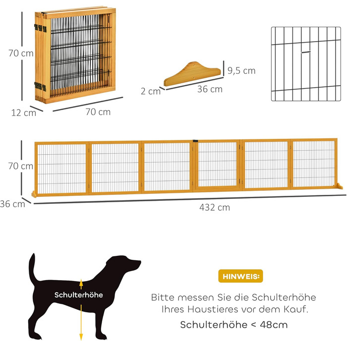 Захисне ґратка для собак PawHut - регульоване, самостійне, дерев'яне, 6 панелей, жовте. Захист від сходів, дверей, проходу. Розміри: 70H x 432B см