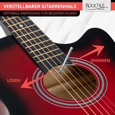 Rocktile WSD-5C-RDB: Акустична гітара Вестерн Slim Line - комплект з чохлом, струнами, ремінком та медіатором. Корпус з липи, гриф з катальпи. Колір: Redburst