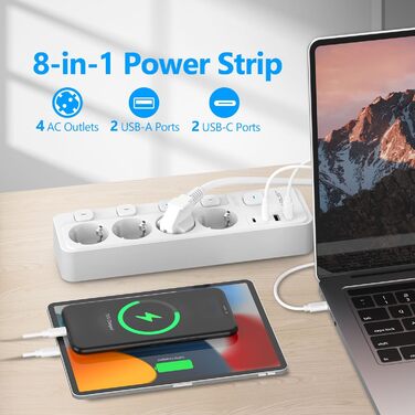 Многорозеткова смуга JSVER 5-портова з індивідуальними вимикачами, 2 USB-A та 2 USB-C (17W), 2м кабель, для смартфонів та ноутбуків, білий