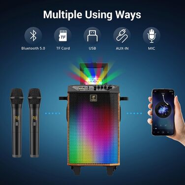 Караоке система TONOR K20 з 2 мікрофонами, Bluetooth, світлодіодна куля, для дому та вулиці