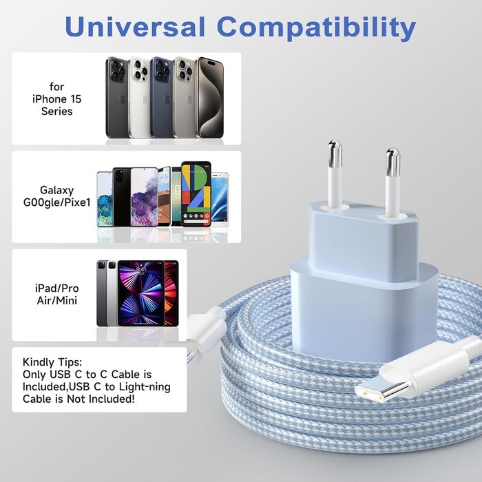 Зарядний пристрій USB-C 20W для iPhone 17/16/15 Pro/Plus, кабель Type-C 2м, PD3.0 - блакитний