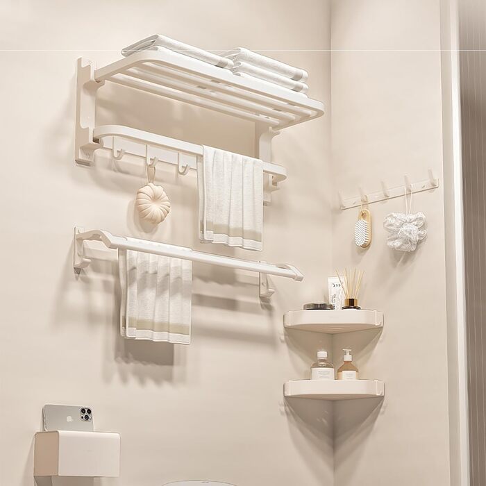 Тримач для рушників без свердління, матовий, самоклеючий, з 5 гачками, 58 см, алюміній (білий)