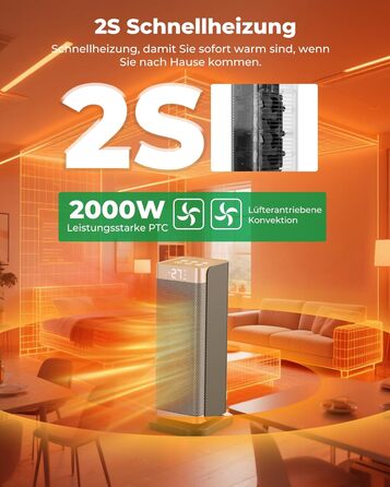 Електричний обігрівач 2000W з економним споживанням, тихий, 3 режими, PTC кераміка, швидкий нагрів, ECO режим, пульт ДУ, таймер 12H, поворот 70°, для офісу, спальні, ванної кімнати, золотий