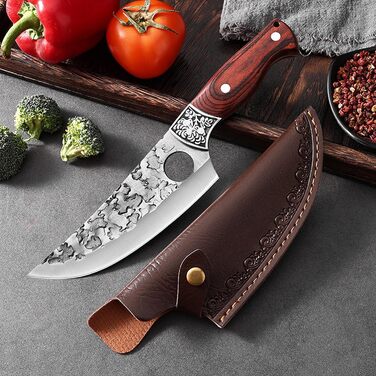 Японський ніж для обвалювання Doklasu 15 см з високоякісної сталі 5Cr15MoV з червоним дерев'яним руків'ям та піхвою