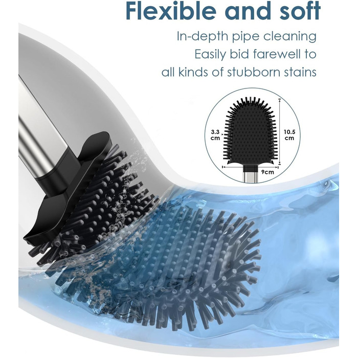 Силіконова щітка для унітазу Klobürste з нержавіючої сталі та контейнером, гнучка щітка для унітазу, настінний монтаж без свердління, срібна