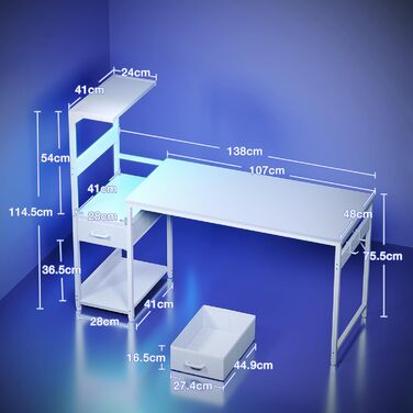 Ігровий стіл Coleshome з LED-підсвічуванням, стіл для комп'ютера з ящиками та полицею, обертовий стіл з тримачем для навушників (білий карбон, 138×48 см)
