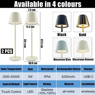 Акумуляторна настільна лампа Vollmetall з LED, 5000mAh, 2 шт., 3 режими світла, сенсорне регулювання, заряджається, для спальні, їдальні, готелю, золота (бежева)