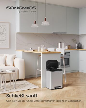 Відро для сміття SONGMICS 20 л з кришкою, з педаллю, сталеве, Soft-close, з внутрішнім відром, біле, LTB542W02