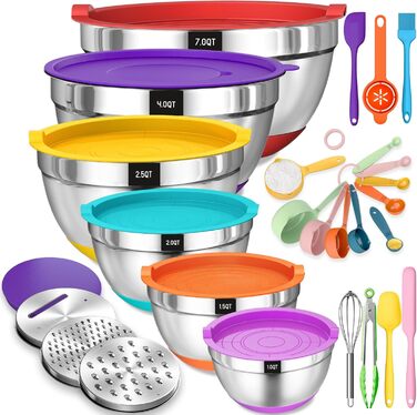 Mixing Bowl Set of 6, Stainless Steel Bowls Salad Bowls with Airtight Lid & Silicone Bottom, 3 Grater Attachments, 6.6 L/3.8 L/2.4 L/1.9 L/1.4 L/0.6 L - Colorful