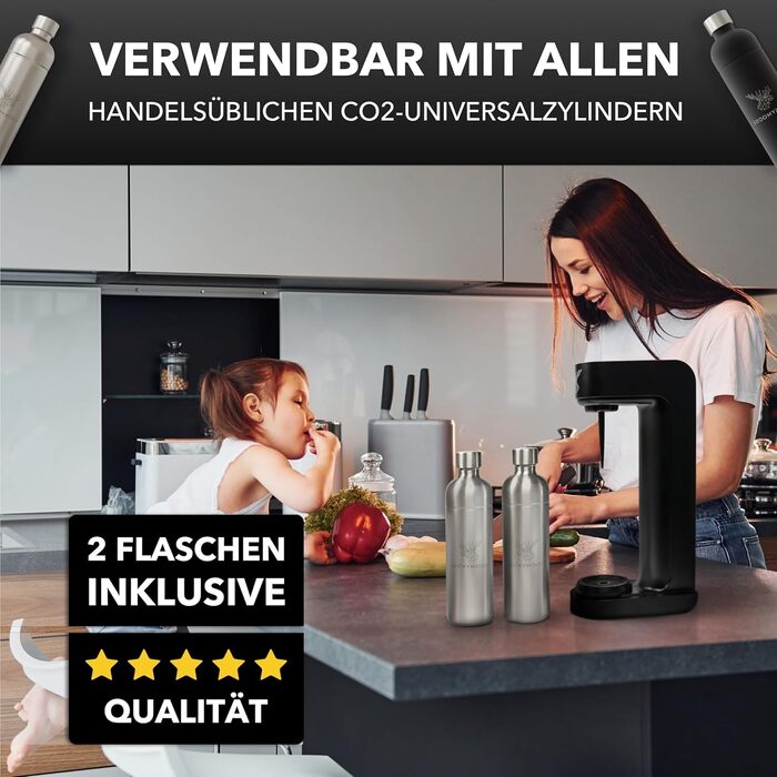 Пристрій для газування води Infinity з 2 флаконами з нержавіючої сталі по 1,25 л - економія до 25% CO2 завдяки автоматичній зупинці. Флакони придатні для миття в посудомийній машині та без терміну придатності. Газовий напій, пристрій для газування води (2