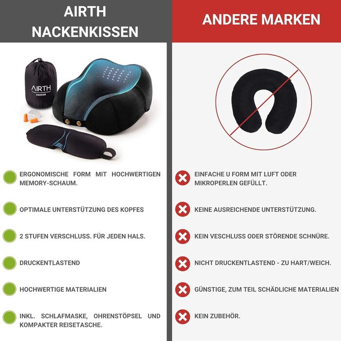 AIRTH® Преміум подушка для шиї з Memory Foam - Ергономічна підтримка шиї з знімним чохлом для максимального комфорту та відпочинку - М'яка та затишна | Чорний, 2023