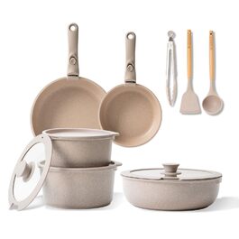 Набір посуду BOREINE 14 предметів: каструлі та сковороди з антипригарним гранітним покриттям (PFOA-free), знімні ручки, для всіх типів плит (індукція, склокераміка, газ, духовка), коричневий