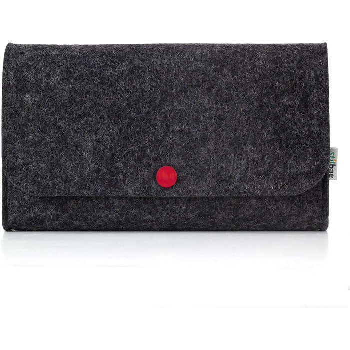 Wool felt bag for electronics accessories, anthracite color, red button
