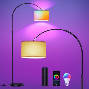 Торшер арковий Modlicht Jasmin I з LED E27, бежевий з RGB підсвіткою, тканинний плафон 33 см, з ножним вимикачем, вінтажний, для вітальні, спальні, готелю